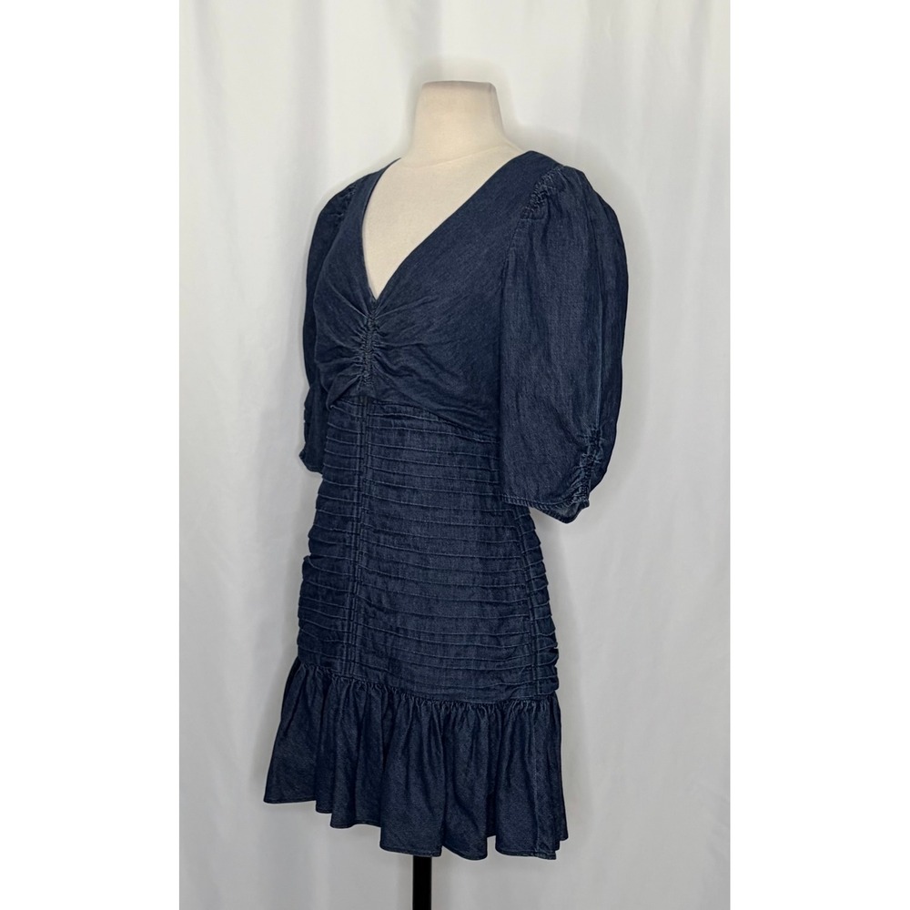 TANYA TAYLOR Pansy Dress Blue Denim Pleated Mini Puffed Sleeves Flirty Size 6 - Picture 6 of 16